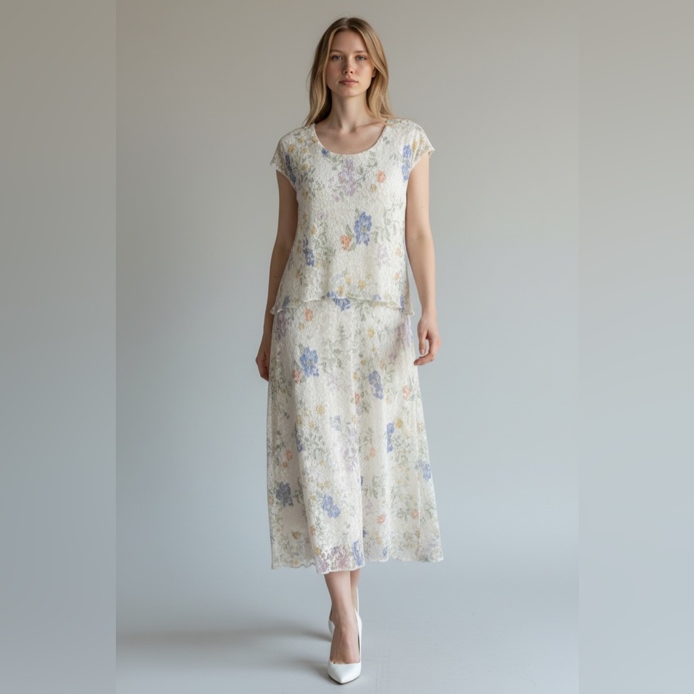 VTG Maxi Dress Lace Stretch Garden Floral Feminine Ivory Layered Fairy Large